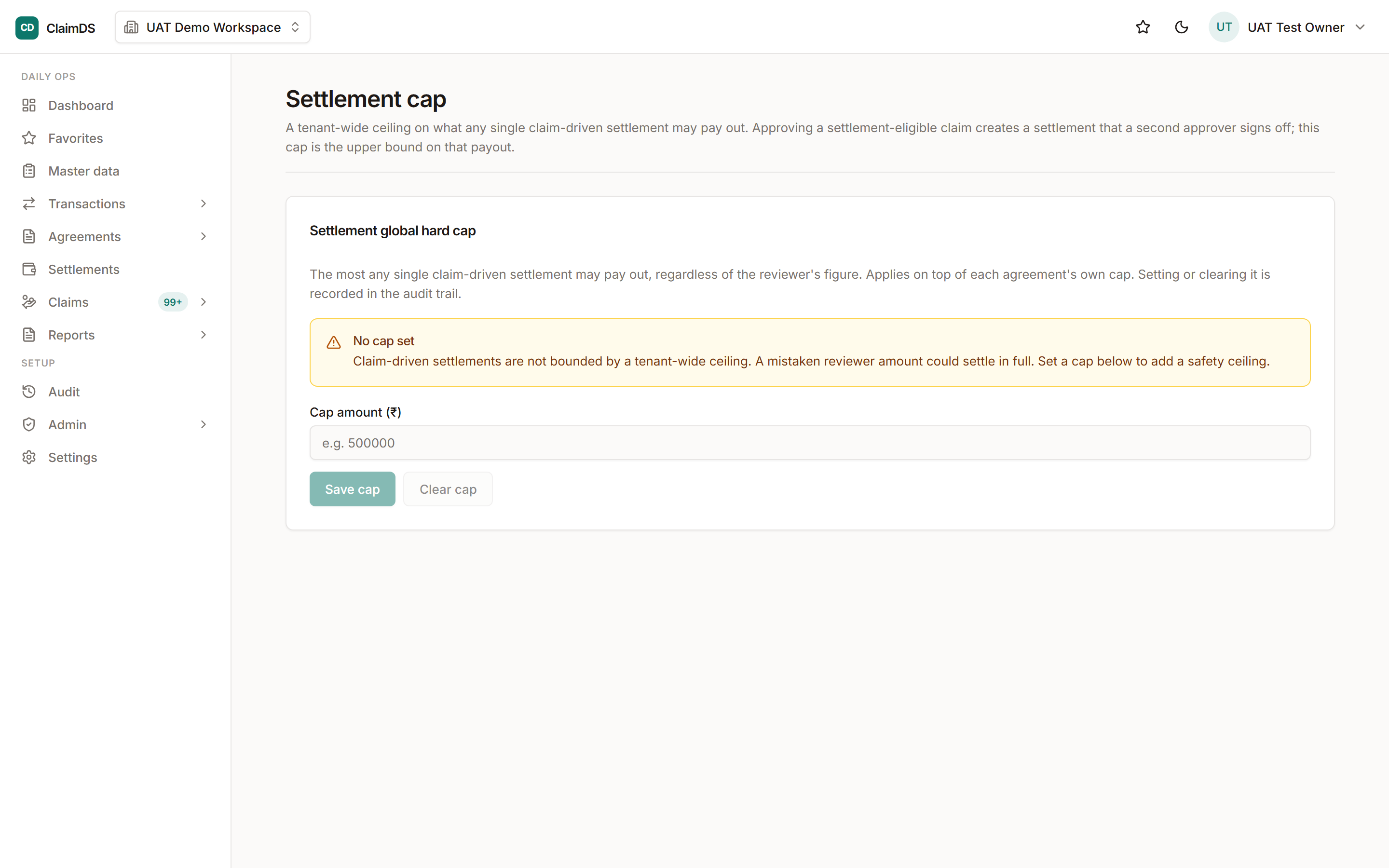 The settlement cap admin screen in ClaimDS.
