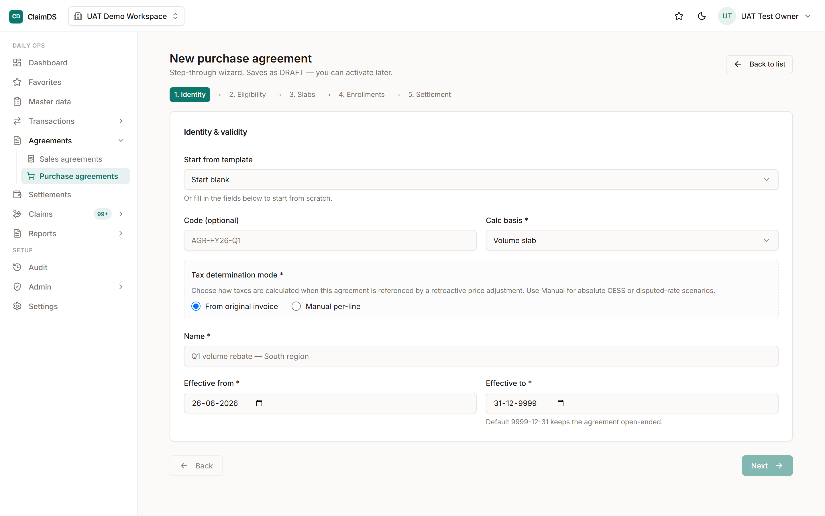 A purchase-side agreement in ClaimDS.