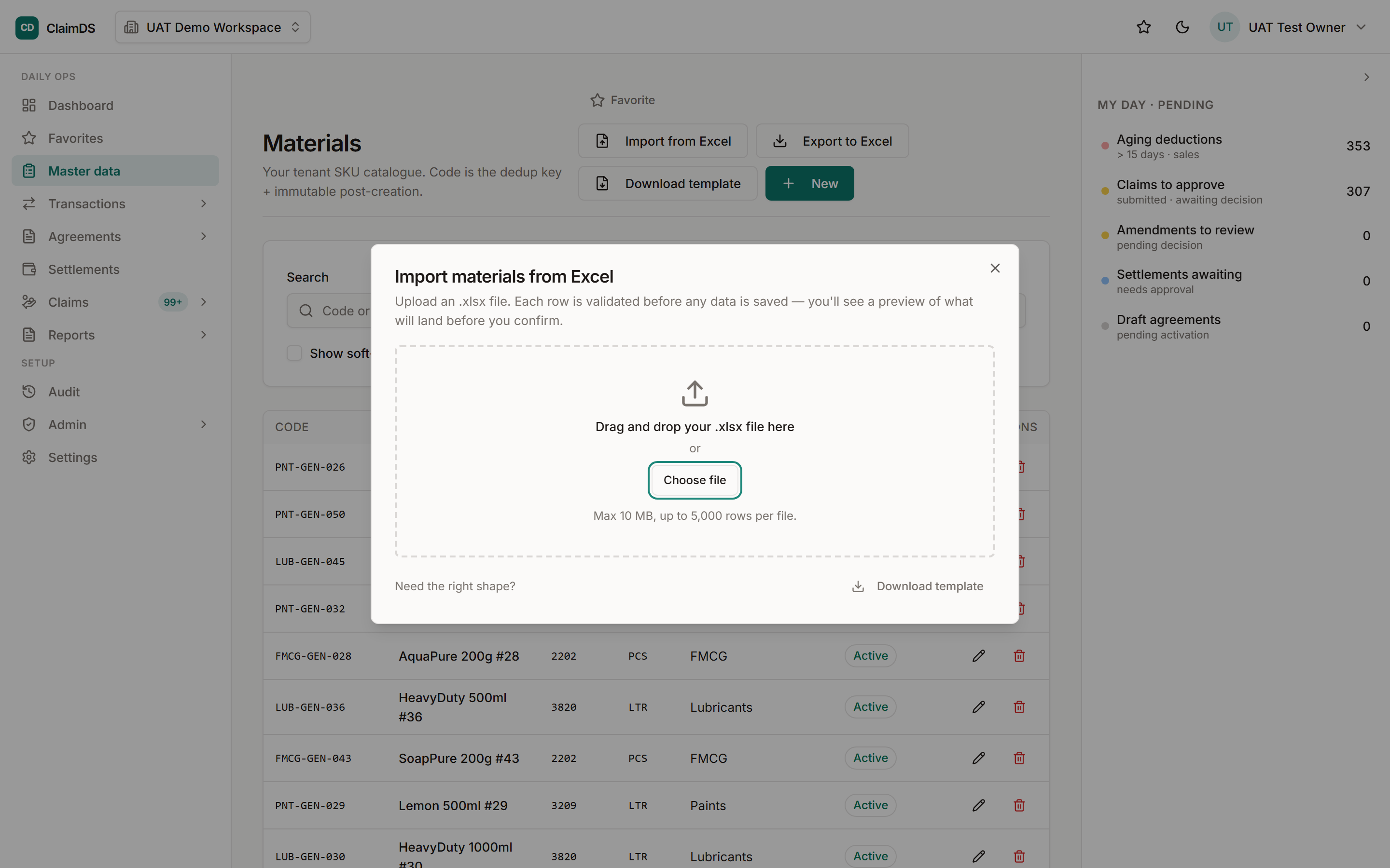 ClaimDS Excel import screen, showing an uploaded invoice file with validated rows and flagged exceptions ready for review.