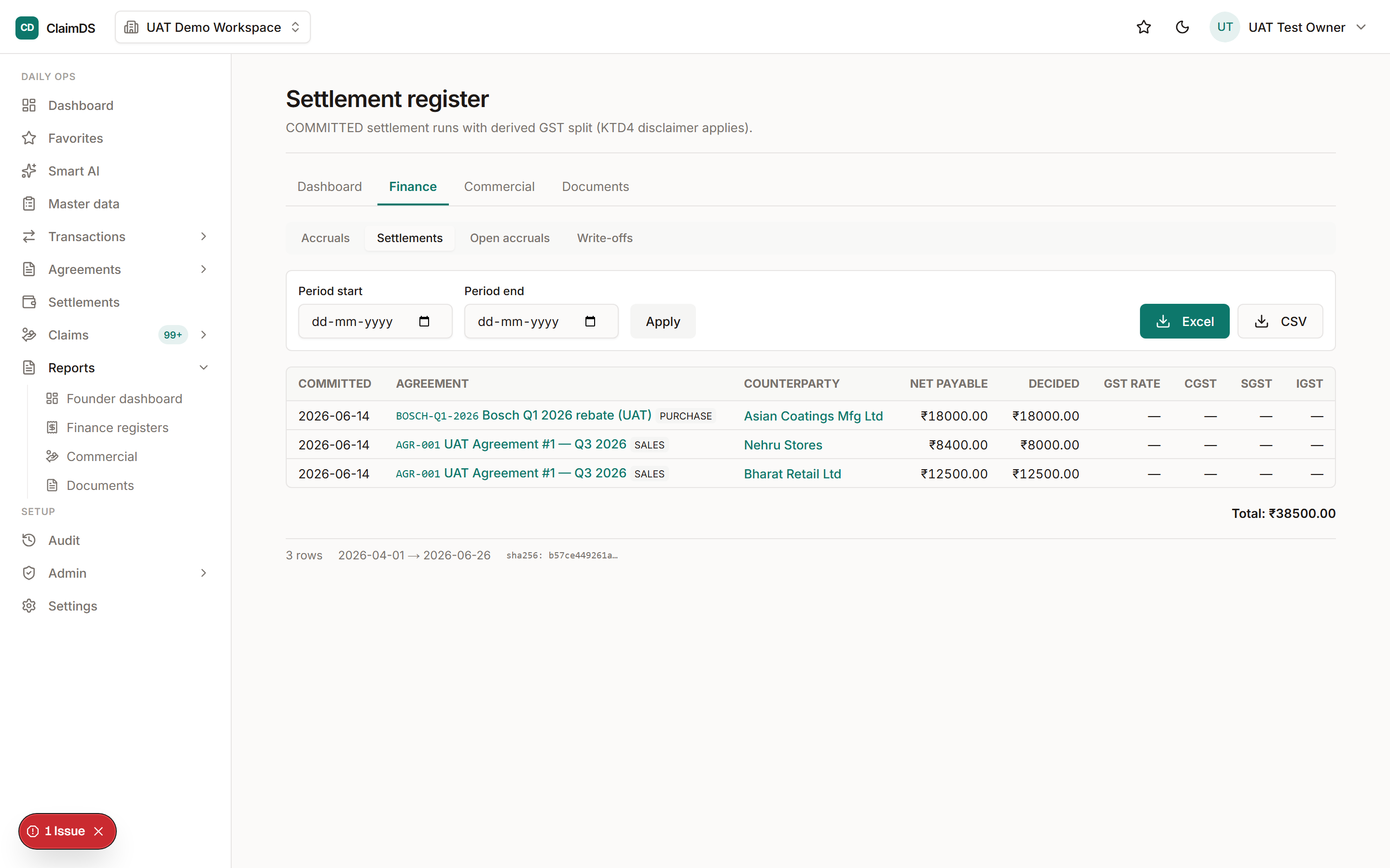 ClaimDS finance settlements view listing settlements with their linked claims, amounts and settlement status.