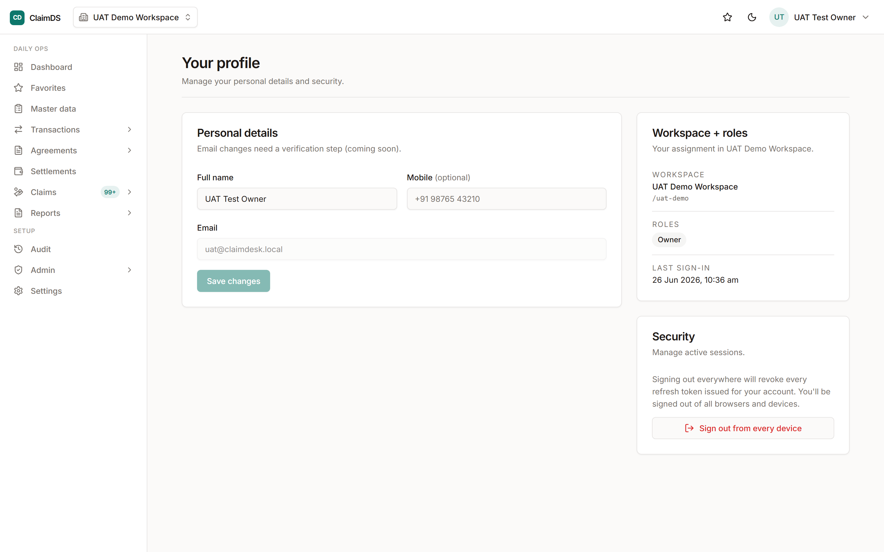 The user profile screen in ClaimDS.