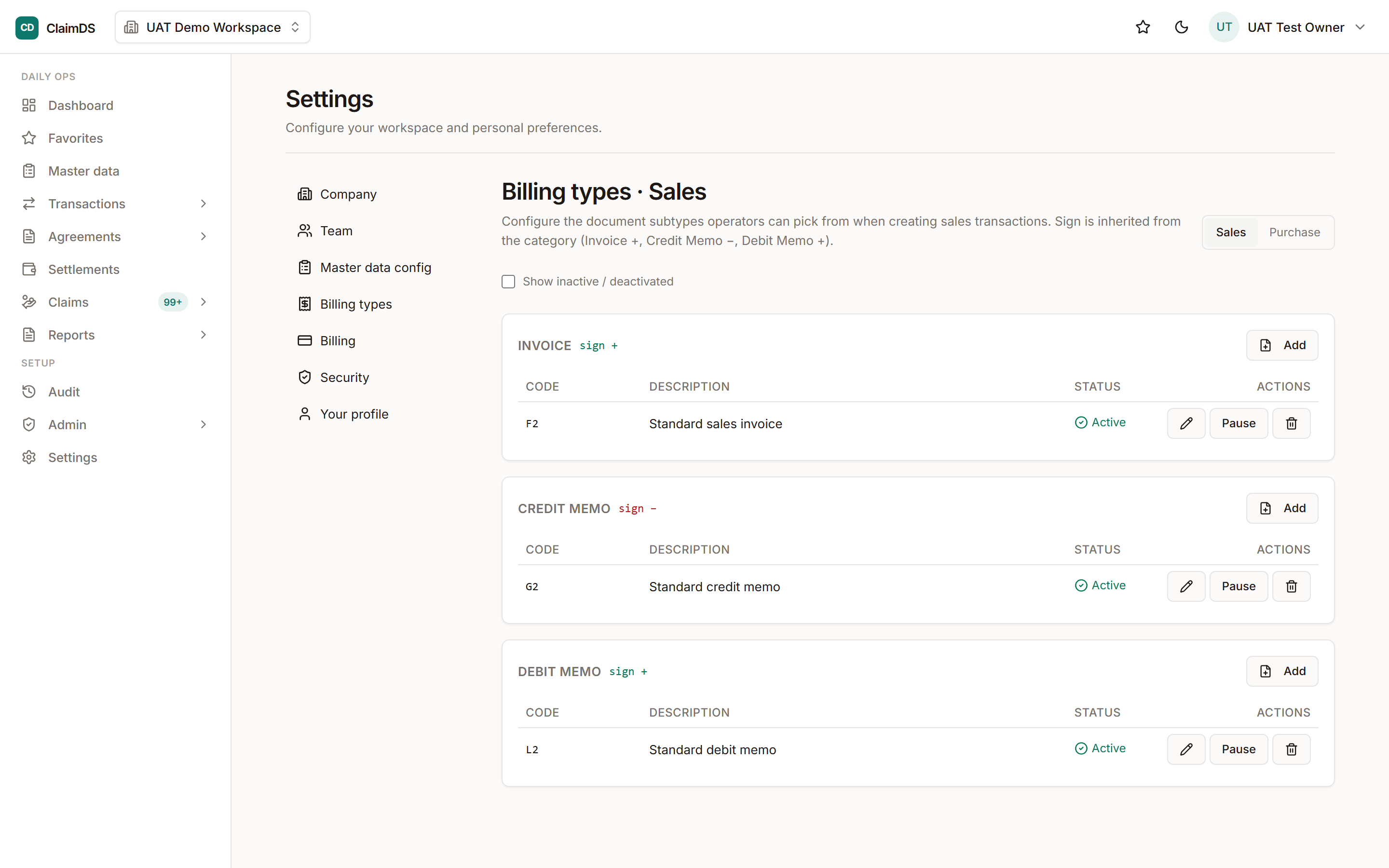 The billing types settings in ClaimDS.