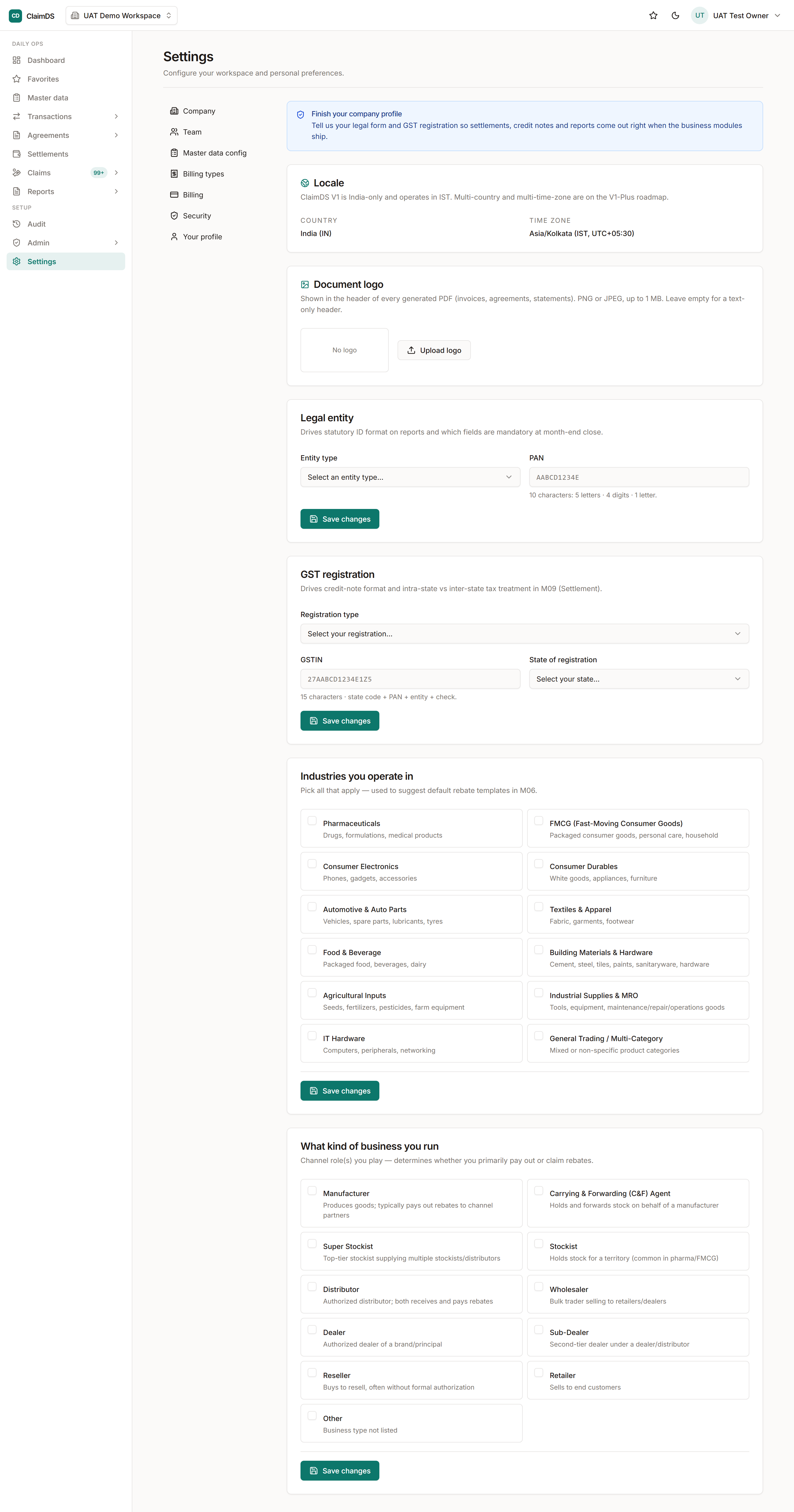 The company profile settings in ClaimDS.