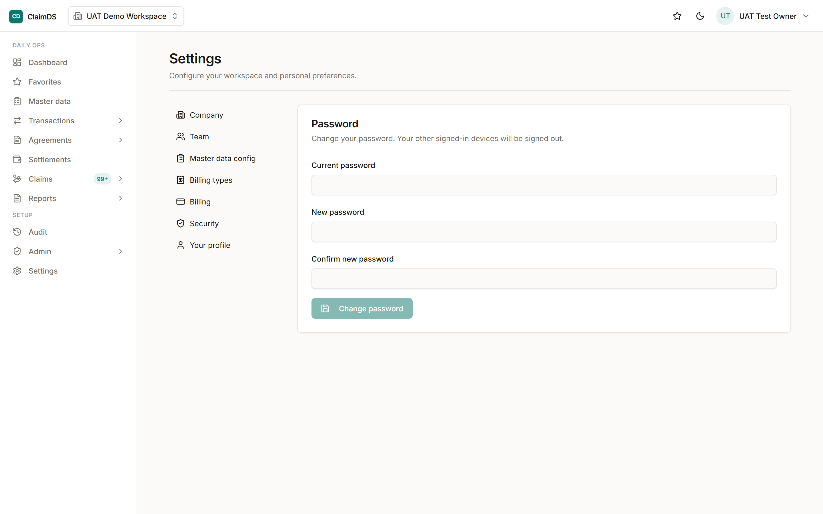 The security settings in ClaimDS.