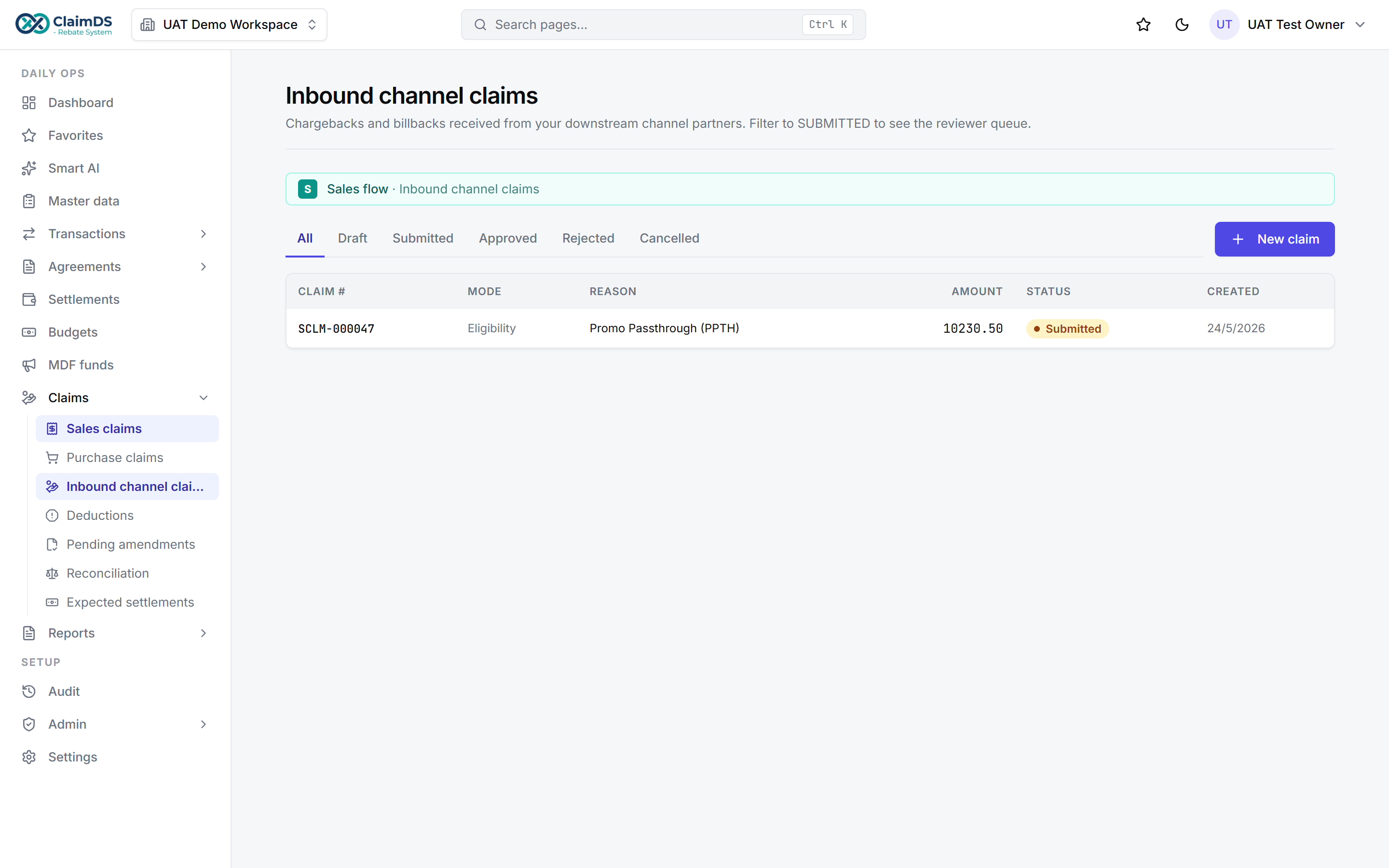 Inbound channel claims in ClaimDS — chargebacks and billbacks captured and validated before settlement.